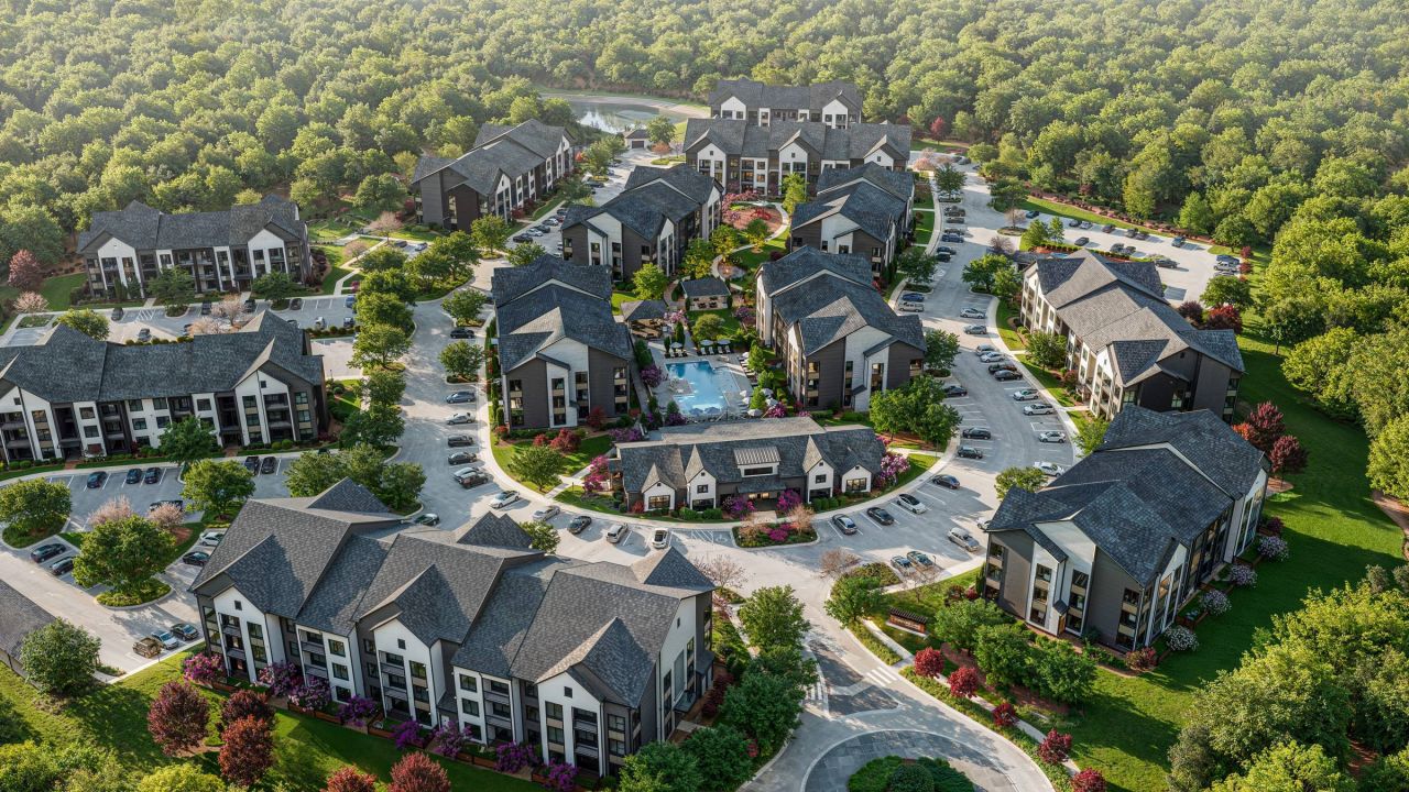 Aerial view of a modern apartment complex surrounded by greenery and trees, with a pool in the center.