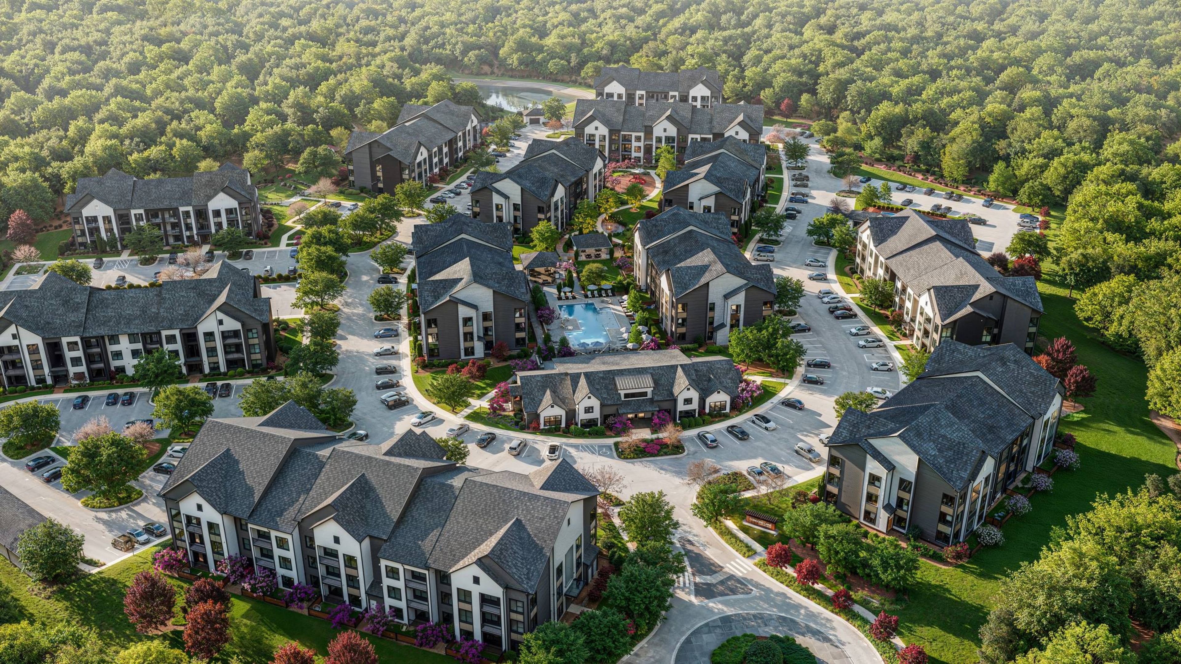 Hawthorne at Concord LakeAerial view of a modern apartment complex surrounded by greenery and trees, with a pool in the center.
