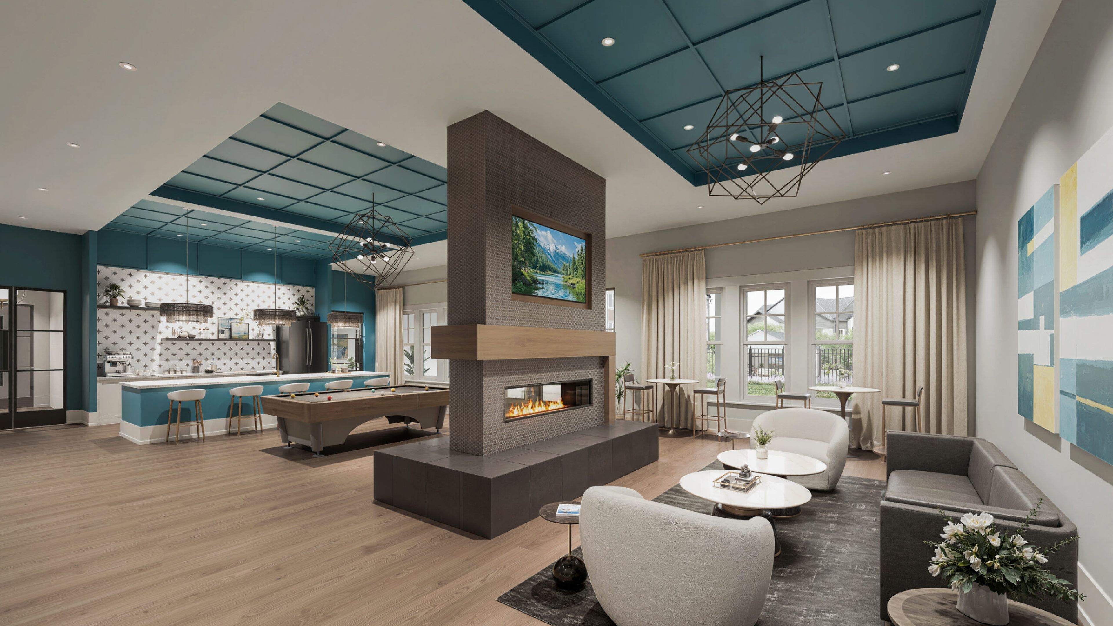Hawthorne at Concord Lake apartment kitchen and living area with quartz countertops, stainless steel appliances, and ample cabinet storage