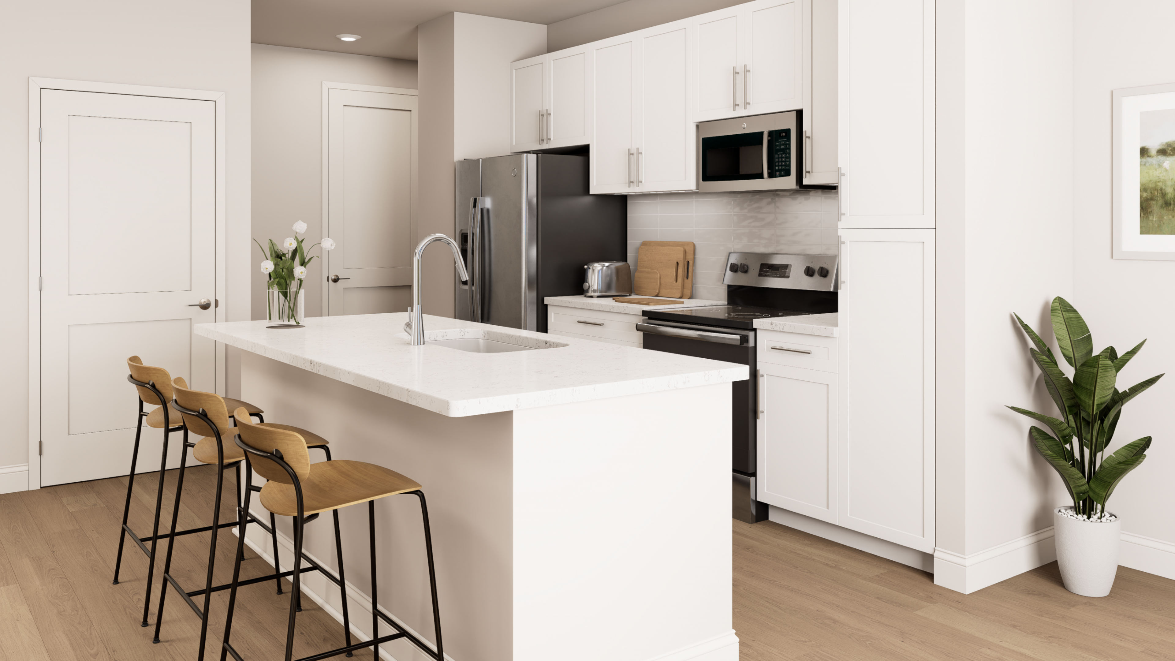 Hawthorne at Concord Lake apartment kitchen and living space with wood floors and large open plan living area
